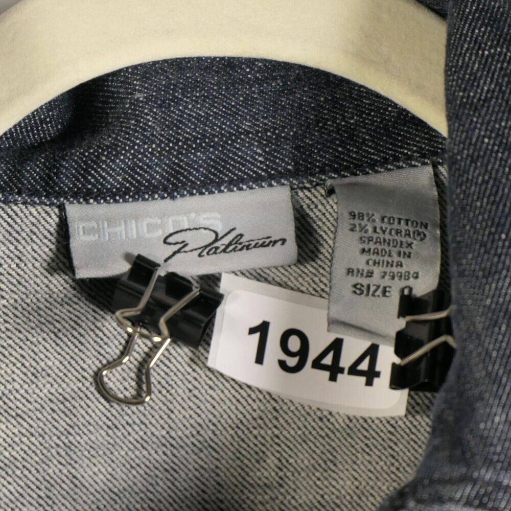 Chico's Platinum Distressed Denim Jacket Womens M Blue Embellished Rhinestones - Picture 5 of 9
